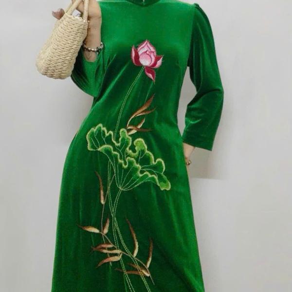 Bộ Trang Phục Áo Dài, Chất Liệu Nhung The, Thanh Lịch