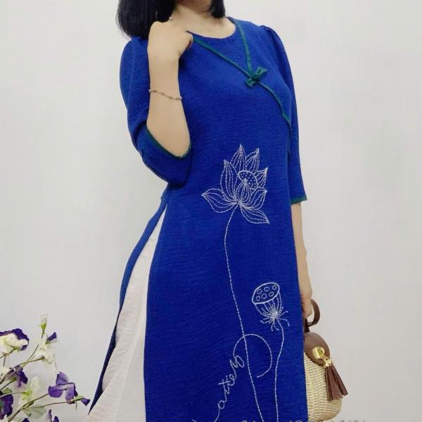 Bộ Trang Phục Áo Dài, Chất Liệu Đũi Vân Mây, Tự Nhiên Thoáng Mát, Mềm Mại