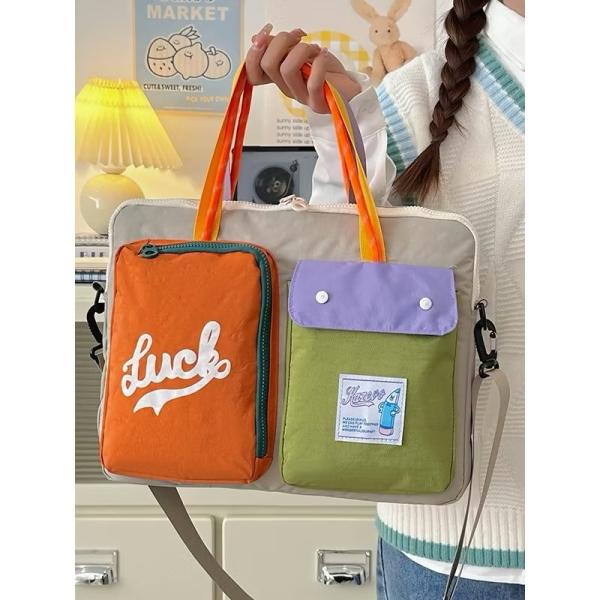 Túi đựng máy tính phong cách Hàn Quốc màu sắc tương phản thời trang Túi xách nhiều túi dung tích lớn có dây kéo