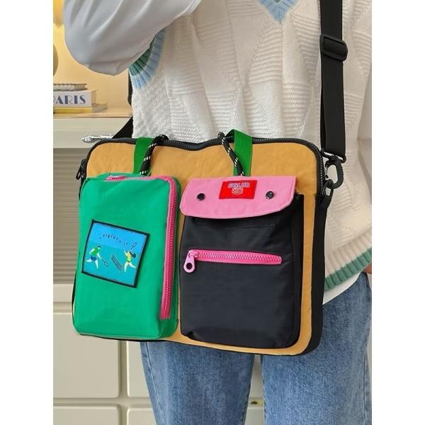 Túi đựng máy tính phong cách Hàn Quốc màu sắc tương phản thời trang Túi xách nhiều túi dung tích lớn có dây kéo